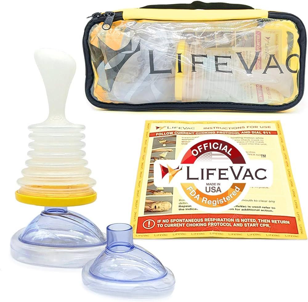 LifeVac emergency airway clearance device kit with mask and suction bulb.