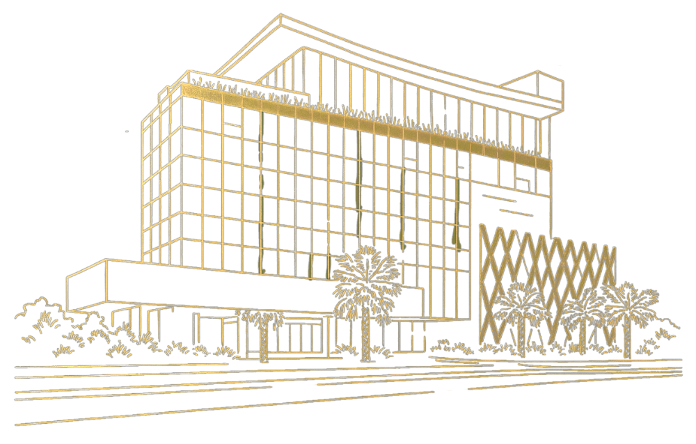 Desenho em linhas douradas de um edifício de hotel moderno com palmeiras e fachada geométrica.
