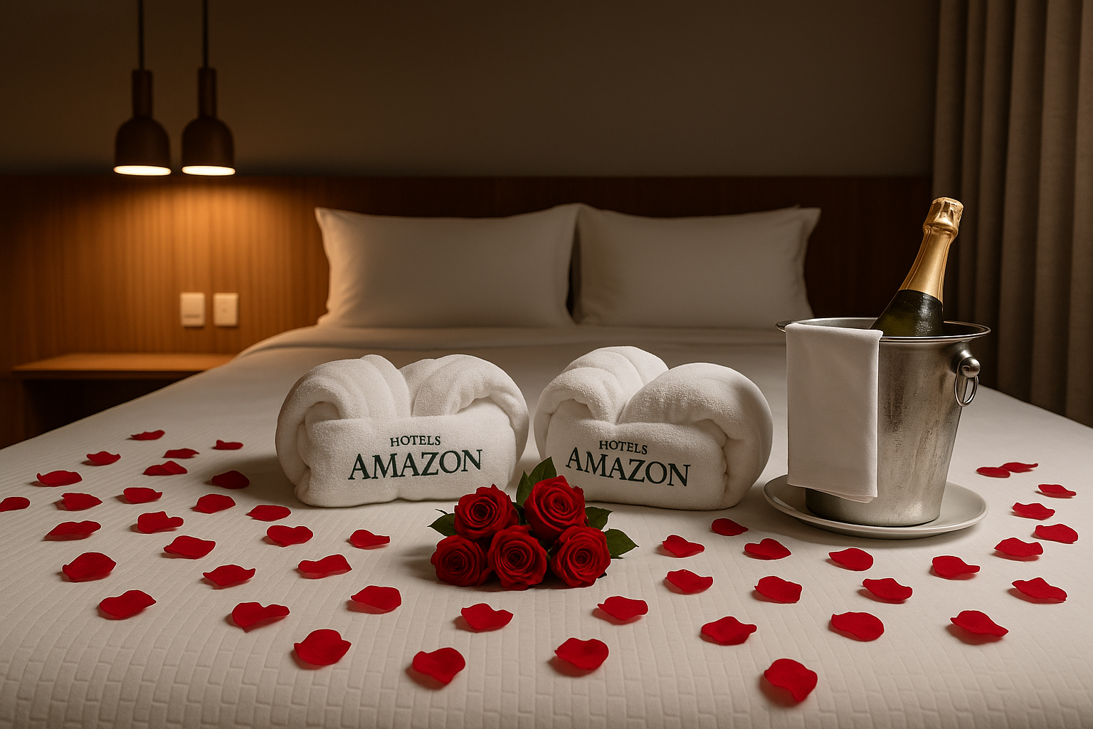 Cama de quarto de hotel decorada com rosas, champanhe e toalhas.