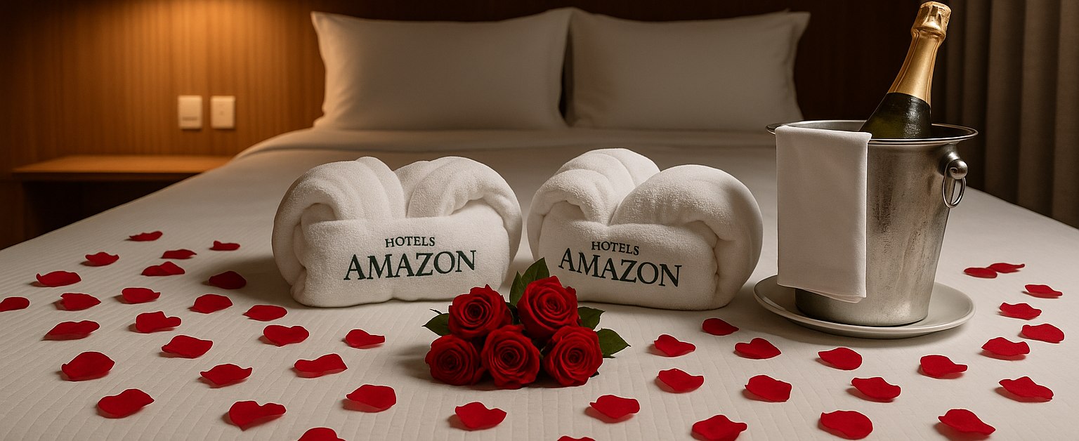 Cama de quarto de hotel decorada com pétalas de rosa, toalhas dobradas com a inscrição