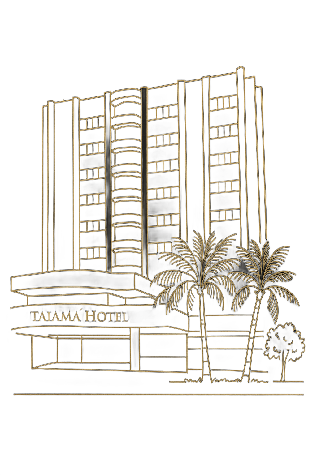 Ilustração do edifício do Hotel Tajama com palmeiras.