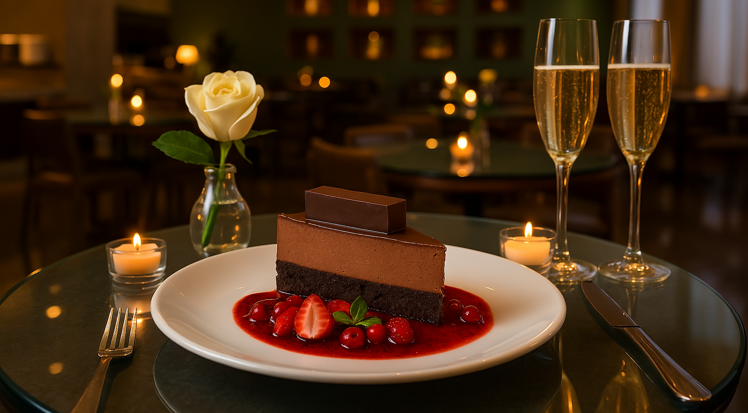 Sobremesa de chocolate com taças de champanhe, rosas e velas sobre uma mesa em um restaurante com iluminação suave.