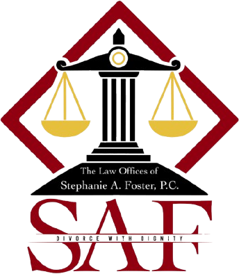 Law Offices of Stephanie A. Foster, P.C. Law firm logo: Scales of justice within a maroon diamond, text “SAF Divorce with Dignity.”