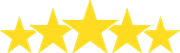 Five yellow stars are lined up in a row on a white background. Five yellow stars in a row, rating system.