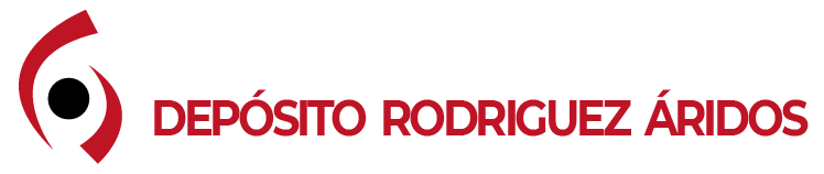 Logotipo de Depósito Rodríguez Áridos con icono circular rojo y negro y texto rojo sobre fondo blanco.