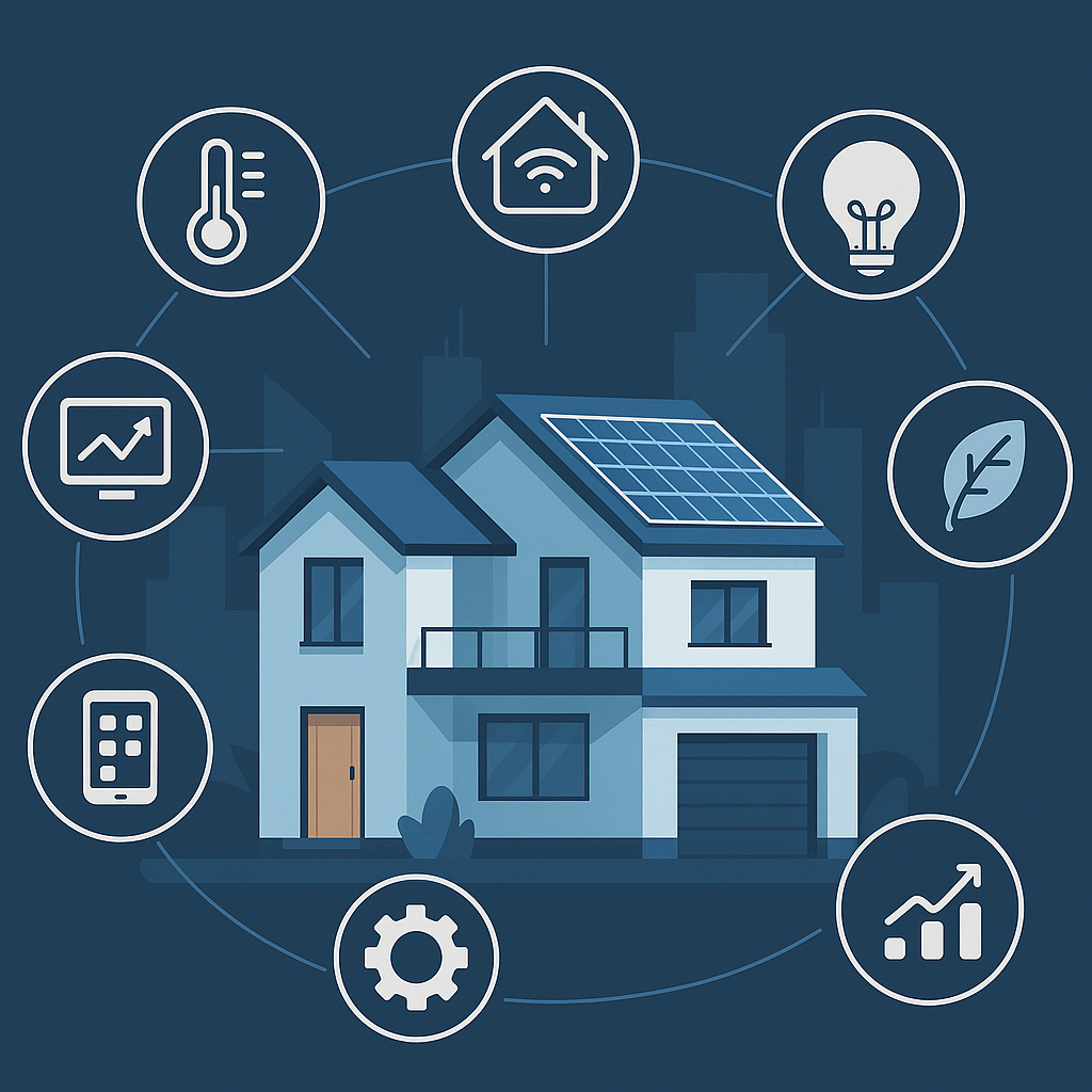 Smart byggeri med moderne installationer og IoT-systemer, energistyring og digitalt hjem i Danmark.
