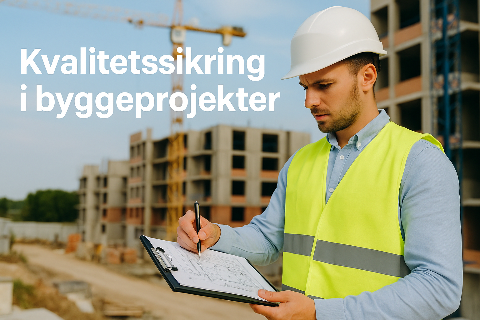 Kvalitetssikring i byggeri – ingeniør kontrollerer byggeprojekt på byggeplads