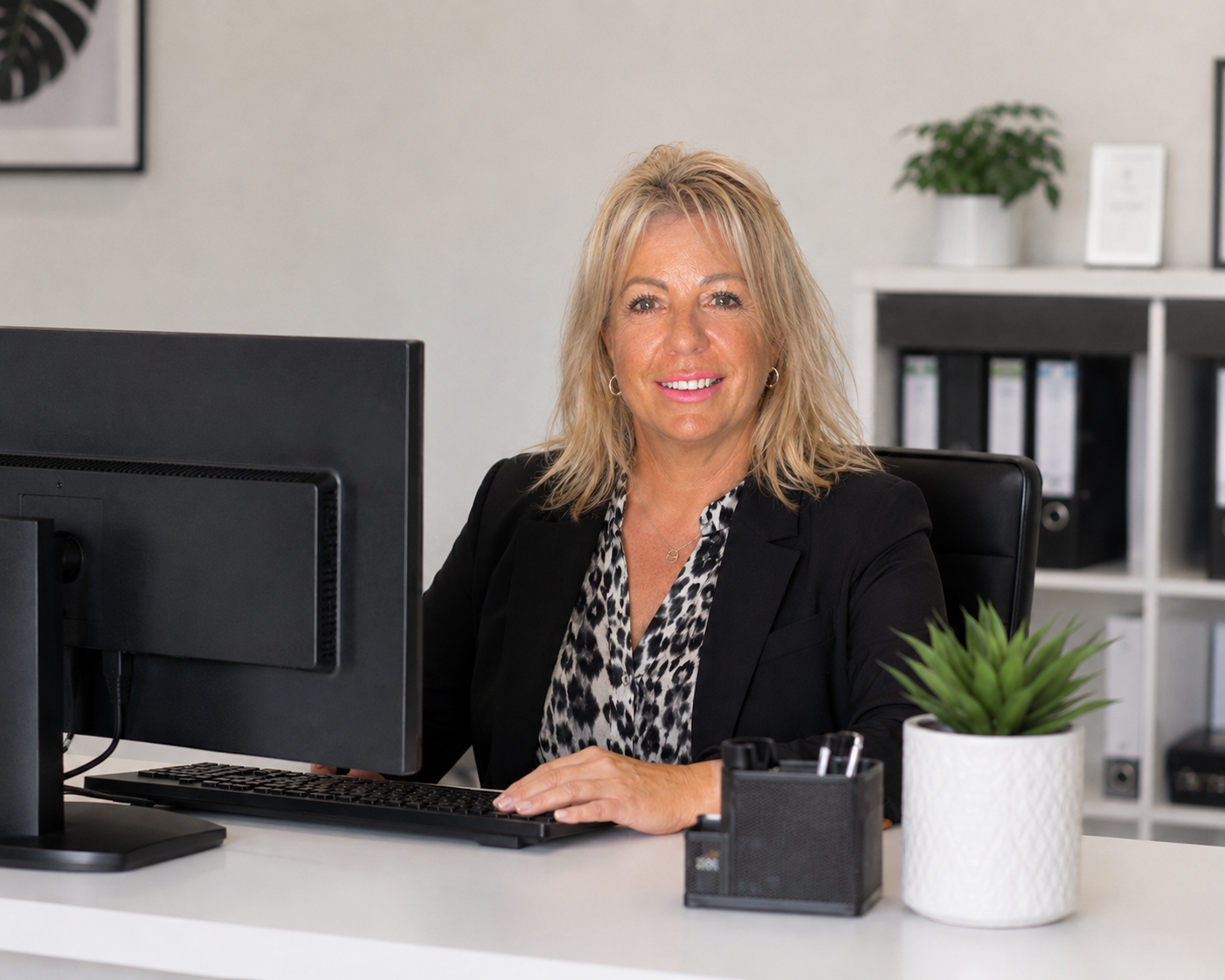 Woman smiling at a desk in a modern office with a computer, keyboard, and potted plant.