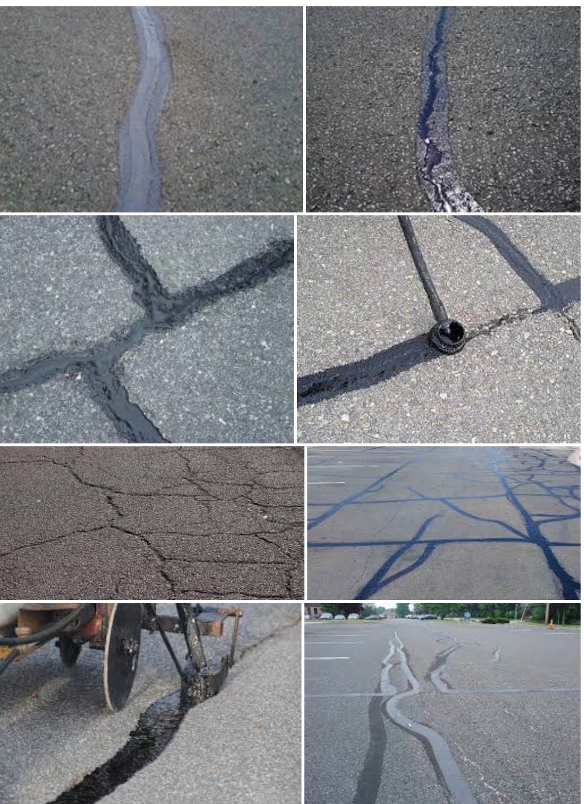 A collage showing various asphalt pavement cracks being repaired or filled with black sealant.