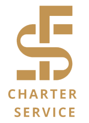 A logo for charter service with a gold letter s
