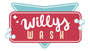 Home Page The logo for willy 's wash is a red and blue sign with bubbles.