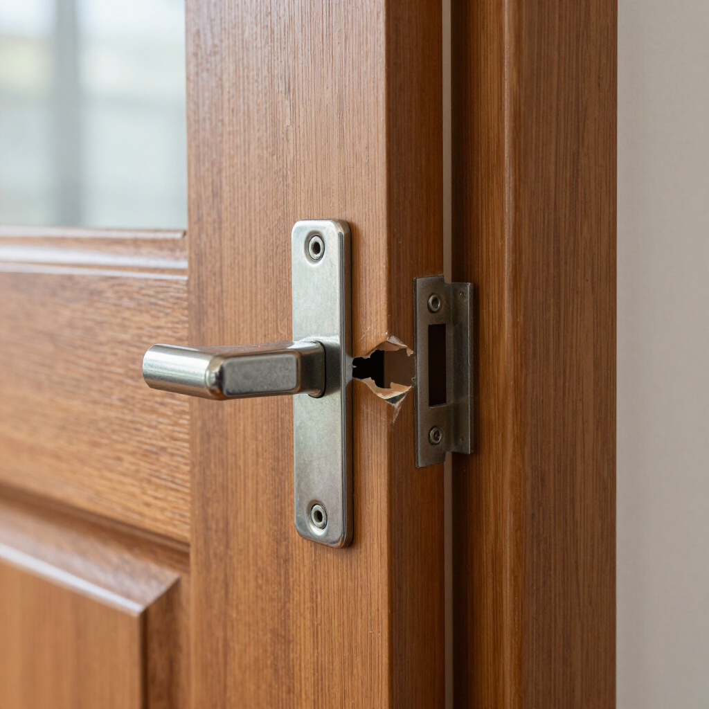 Damaged door lock with broken latch on a wooden door frame