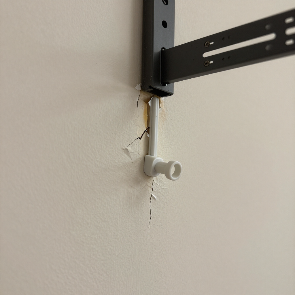 Broken wall beside black metal shelf bracket with cracked plaster and a white wall plug
