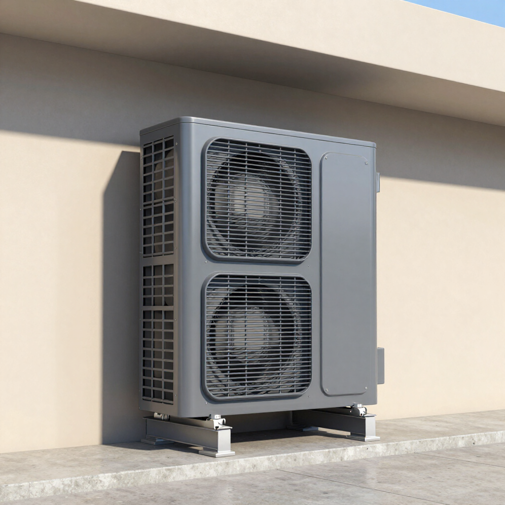 Gray outdoor air conditioner unit with two fans mounted on a building wall.