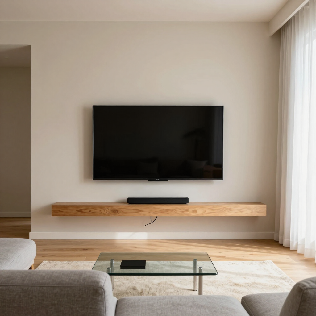 Minimalist living room with wall-mounted TV, wooden shelf, glass coffee table, and sheer curtains.