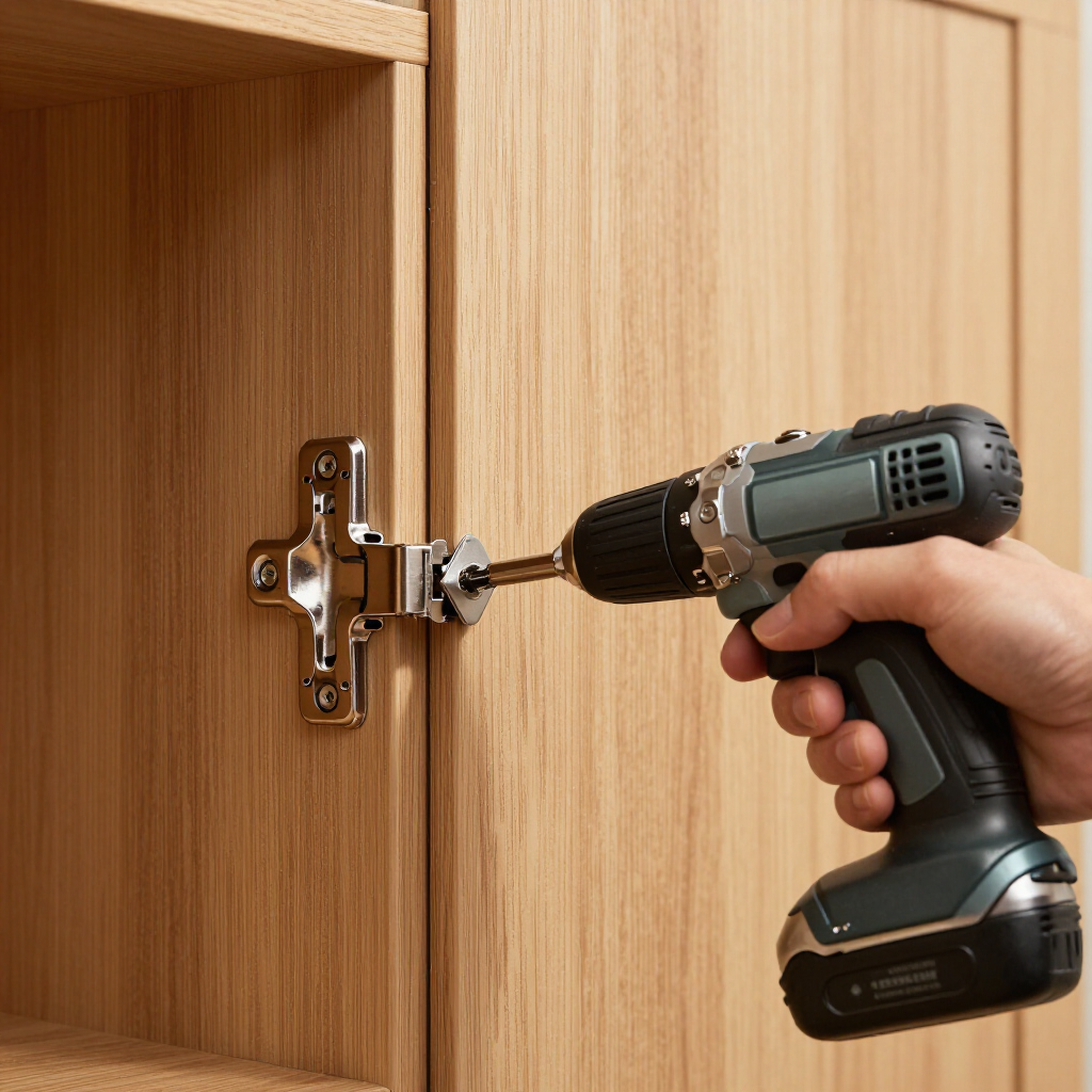 Hand holding a cordless drill to install a cabinet hinge on a wooden door