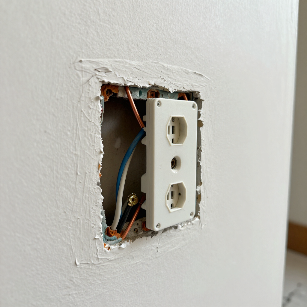 Partially installed electrical outlet in a wall opening with exposed blue and orange wires