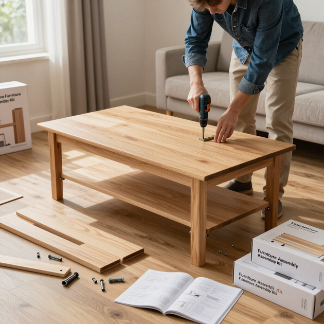 Person assembling a wooden table with a drill in a bright living room, parts and instructions nearby