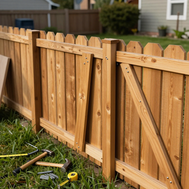 Wooden backyard fence under construction with tools on the grass