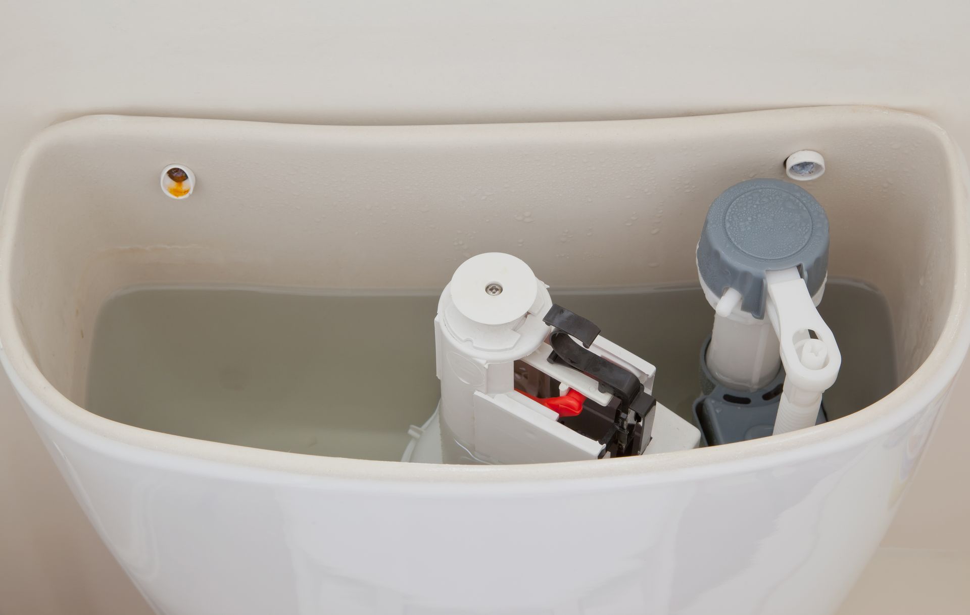 Open toilet tank with flushing mechanism and water inside