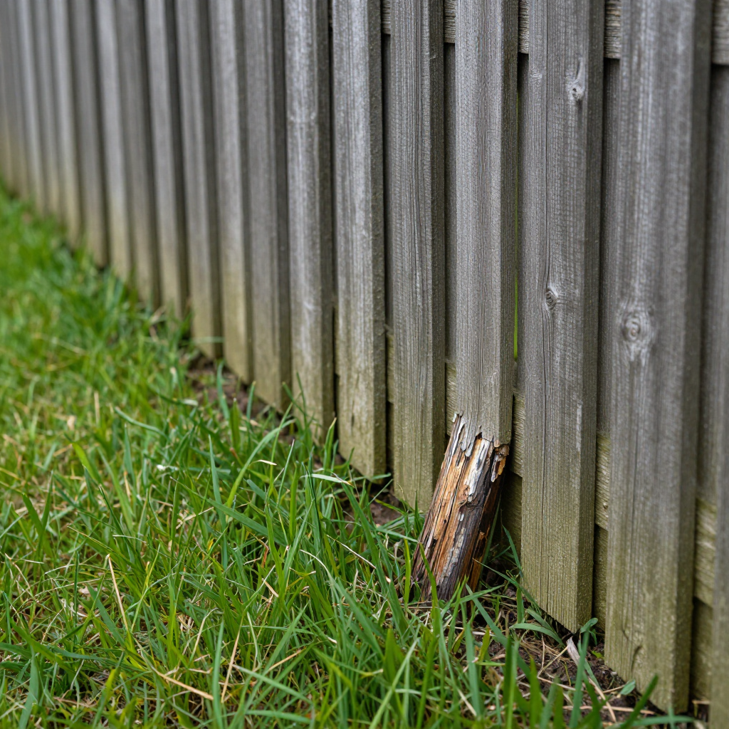 Broken fence post beside a weathered wooden fence, with green grass in the foreground.