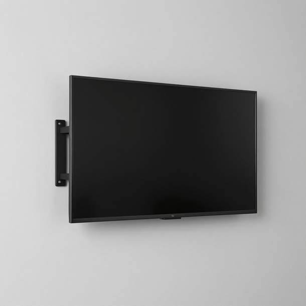 Flat-screen TV mounted on a light gray wall with a black bracket