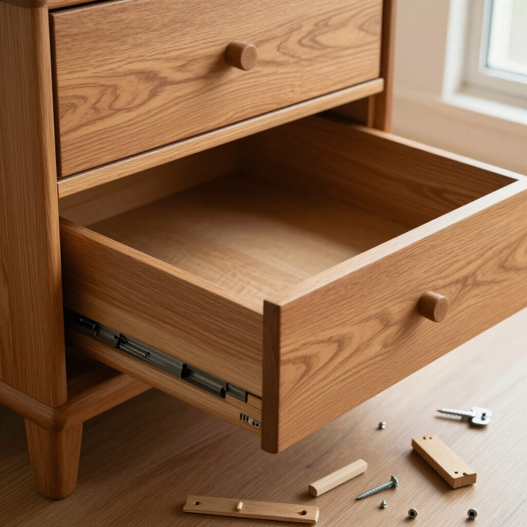 Open wooden dresser drawer with tools scattered on the floor nearby, suggesting furniture assembly or repair