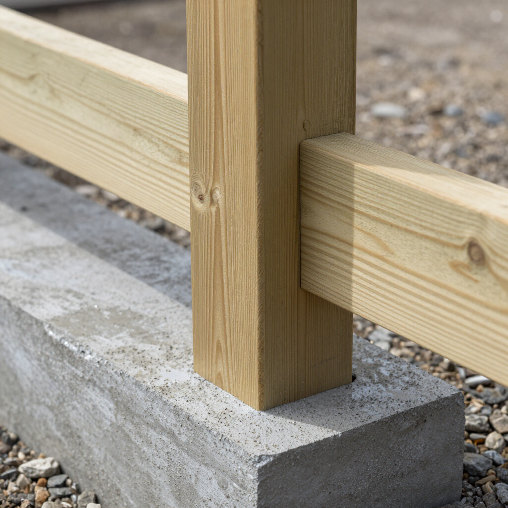 Wooden fence post mounted on a concrete base with horizontal rails attached