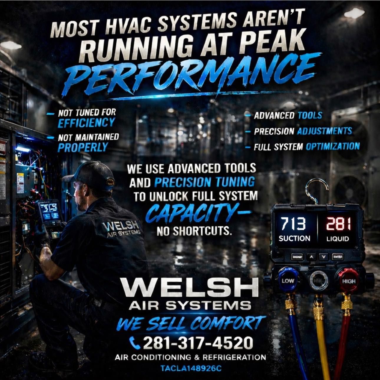 HVAC service ad with technician, tools, gauges, and bold text about peak performance and full system capacity