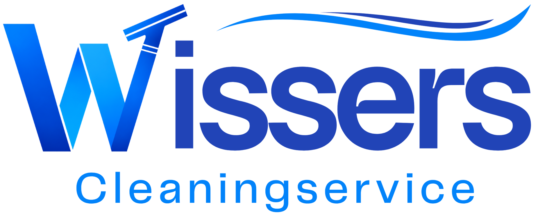 Het blauwe logo van Wissers Cleaningservice met een gestileerde zwaai en vetgedrukte tekst.