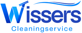 Het blauwe logo van Wissers Cleaningservice met een gestileerde zwaai en vetgedrukte tekst.