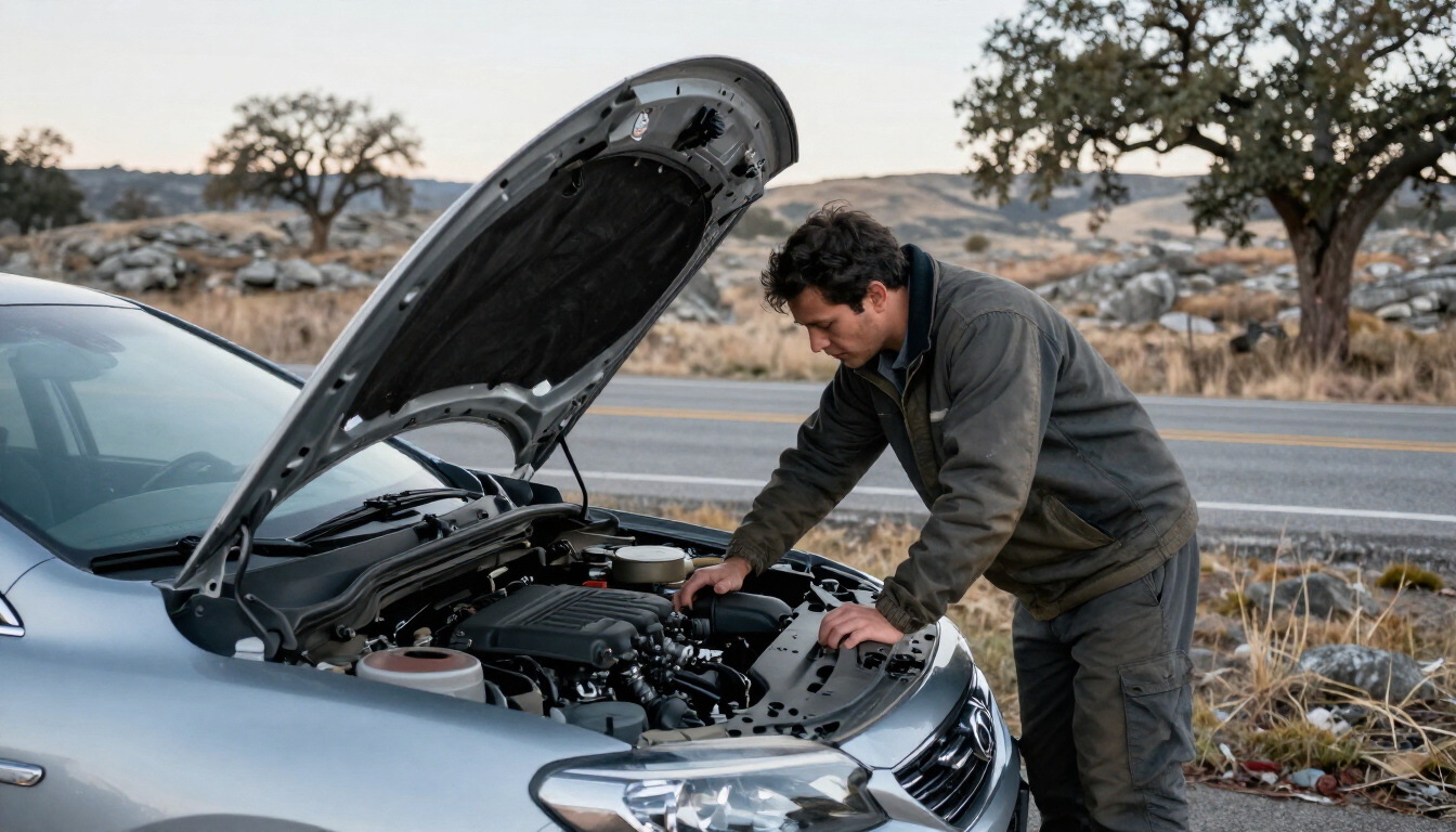 Winter car prep in Texas with a driver checking a vehicle