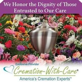 Purple memorial banner with flowers around a silver urn and the text “We Honor the Dignity of Those Entrusted to Our Care.”