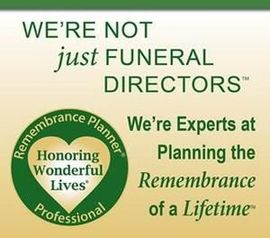 Green and white funeral service ad with slogan: “We’re not just funeral directors.”
