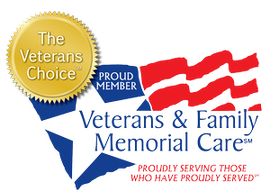 Veterans & Family Memorial Care logo with gold “Veterans Choice” seal and American flag stripes