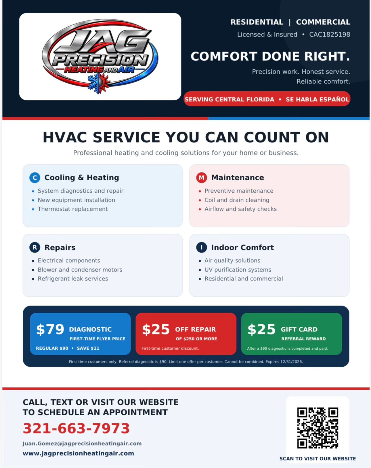 JAG Precision Heating and Air special offers flyer.