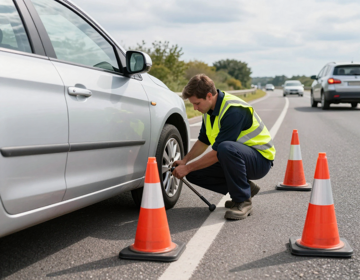 A person in a high-visibility vest uses a tire iron to change a car's tire on a roadside marked by traffic cones.