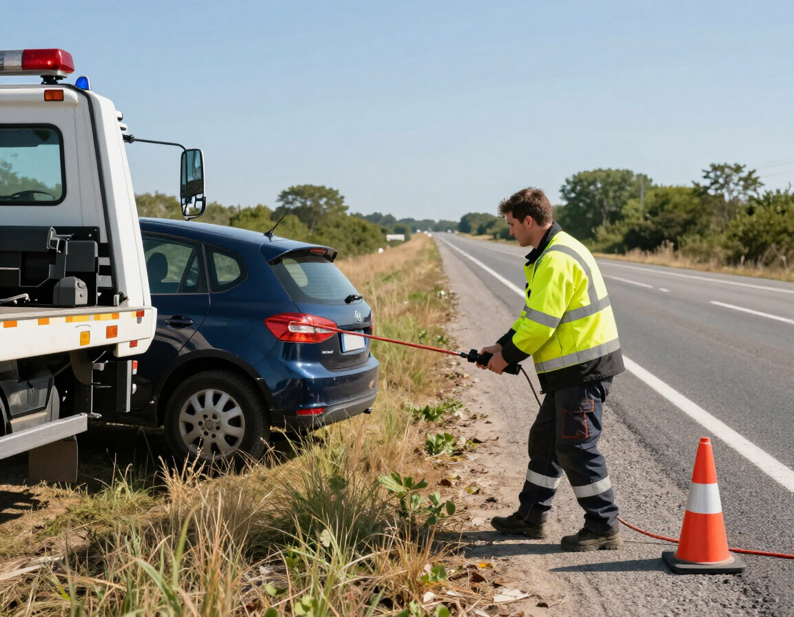A technician in a high-visibility jacket uses a remote control to winch a blue car onto a tow truck beside a highway.