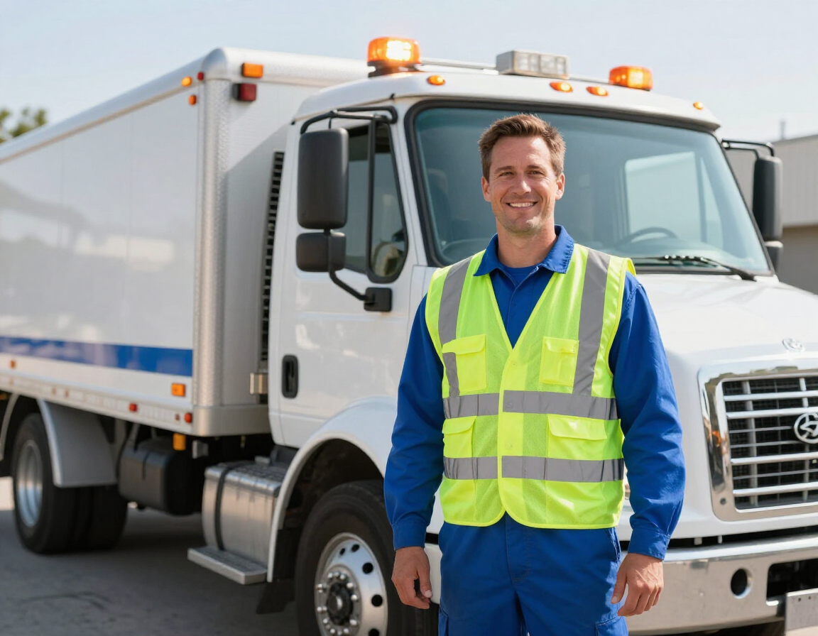 A delivery driver wearing a neon yellow safety vest stands smiling in front of a white box truck.