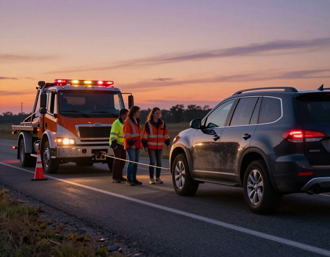 A tow truck with emergency lights on stands on a road at sunset, with three people in safety vests by a dark SUV.