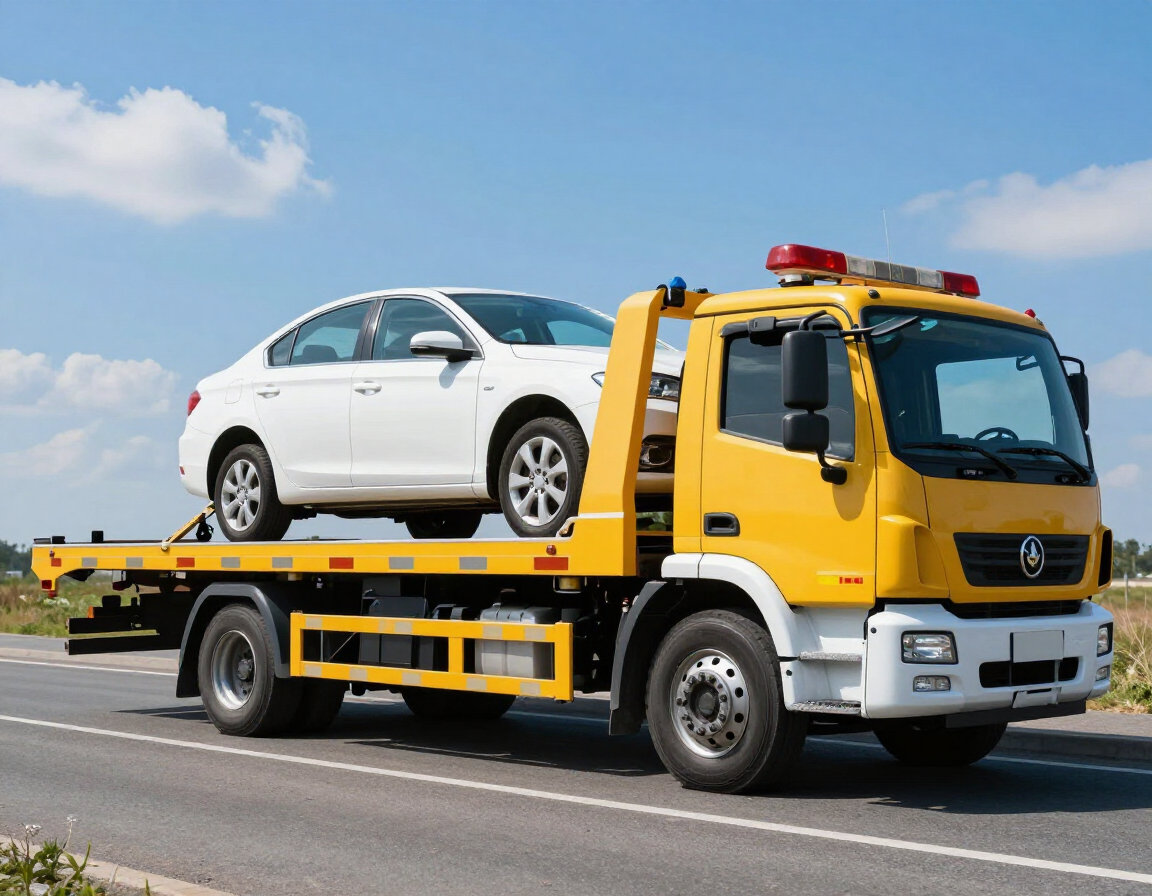 A yellow flatbed tow truck transporting a white sedan along a road under a blue sky.