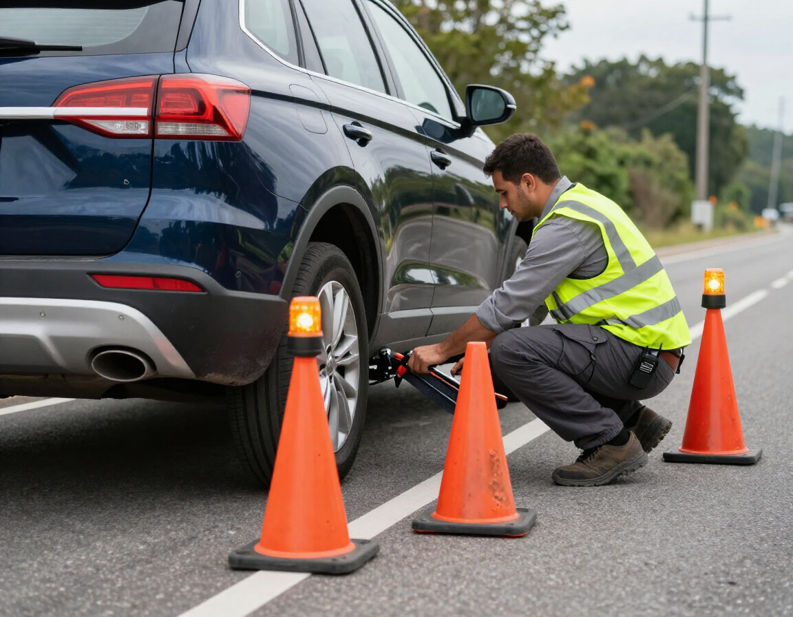A road assistant in a high-visibility vest uses a car jack to change a tire on a blue vehicle by the roadside.