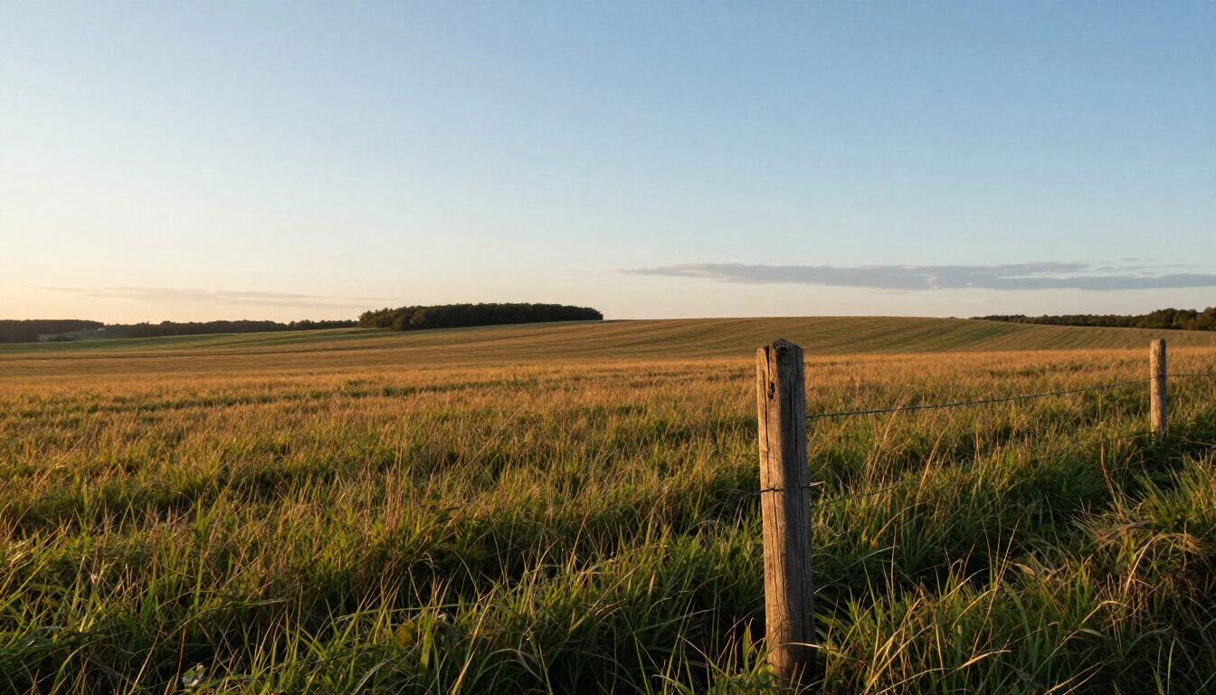 Open acreage with a wooden fence post at the end of the day