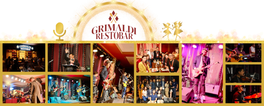 A collage of pictures of people playing instruments in a room.