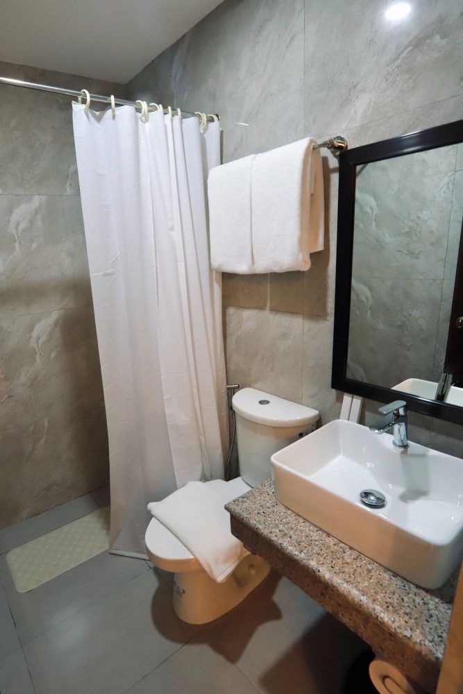 A bathroom with a toilet , sink , mirror and shower curtain.
