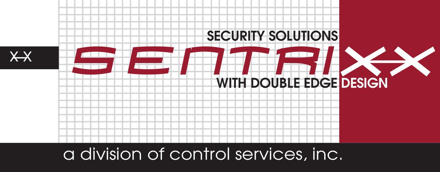 Logo for Sentrixx Security Solutions. Dark red and white text on a grid and dark red and black background.