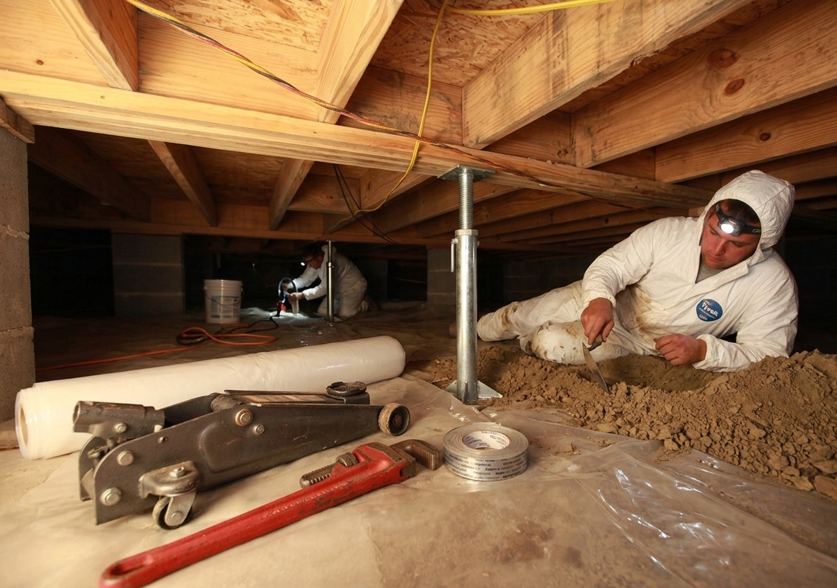 Worker insulating crawl space under wooden floorboards with tools and insulation roll nearby