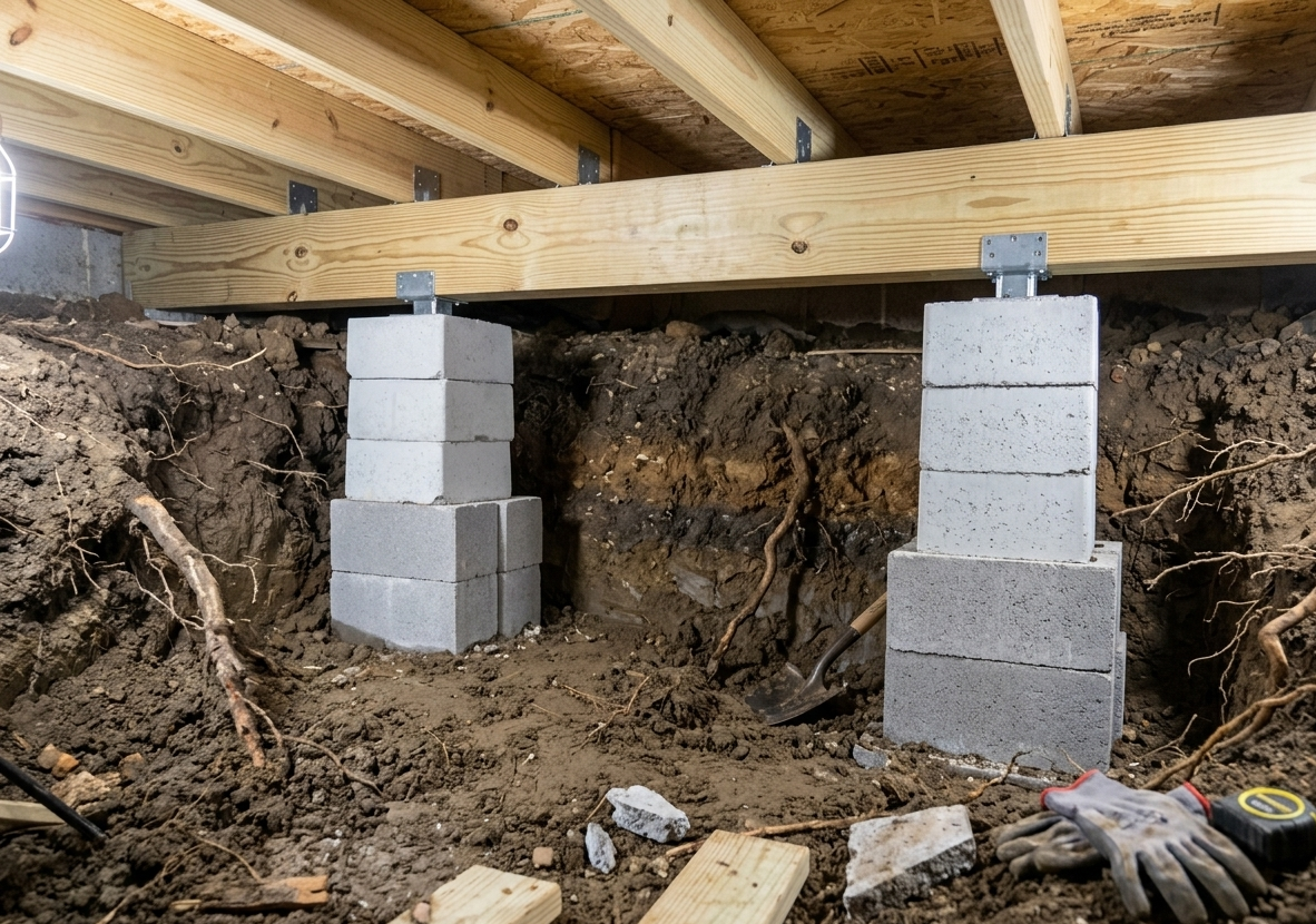 Crawlspace under a wooden floor with two stacked cinder block piers supporting a beam