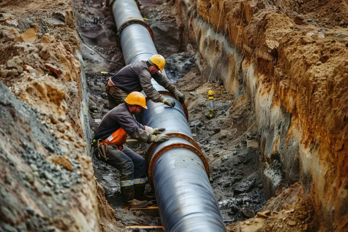 Two workers in orange helmets installing a large pipe in a muddy trench