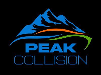A logo for peak collision with a mountain in the background
